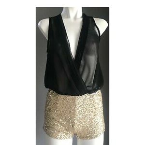 Paradisco Sheer Black & Gold Sequence Romper